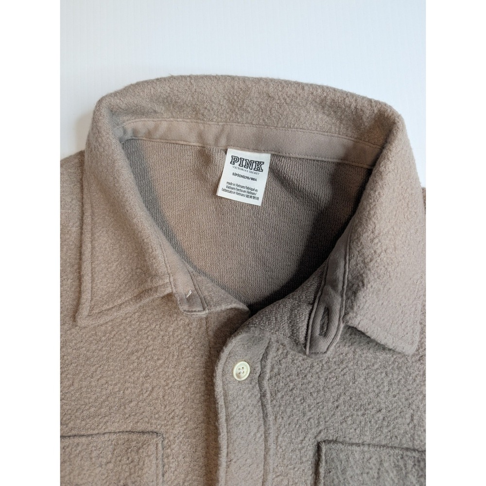 PINK Victoria's Secret Taupe Brown Fleece Button Down Shirt Jacket Shacket S/P - Picture 2 of 10